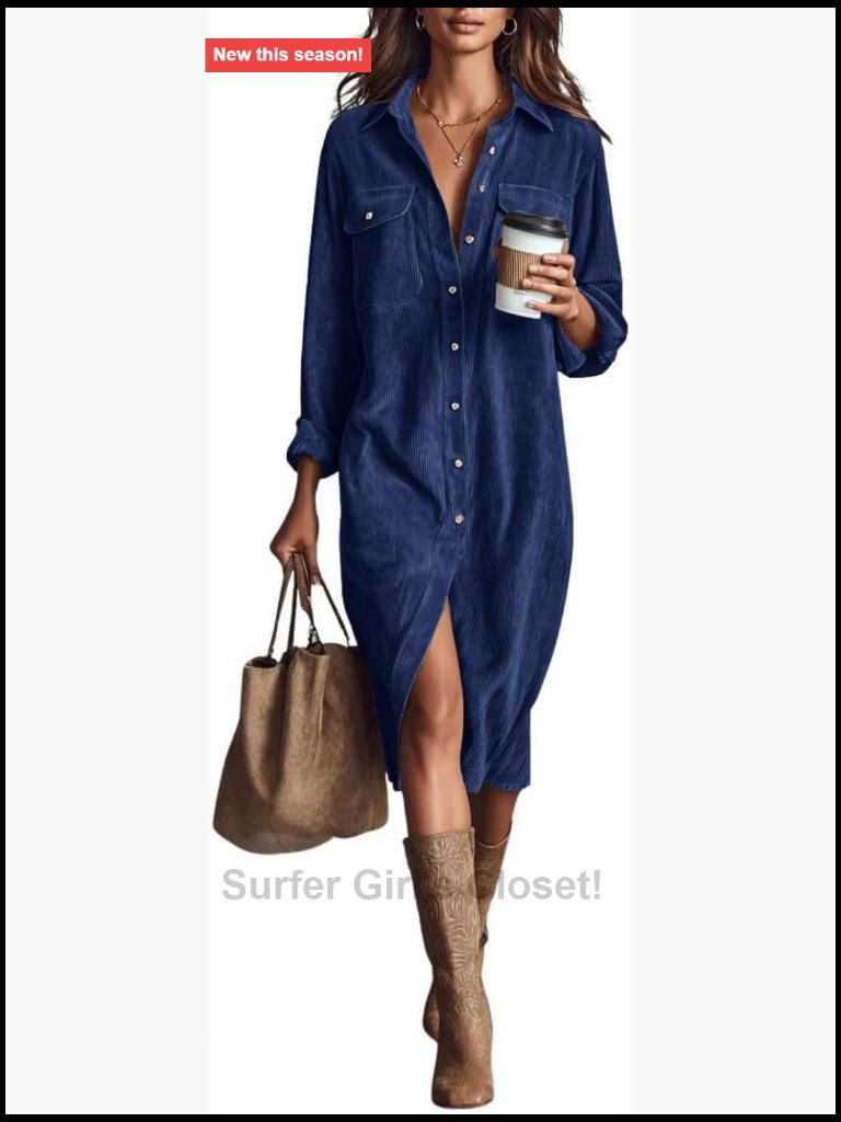 Corduroy Button Down Shirt Dress A-Line Tunic Midi Long Sleeve Soft